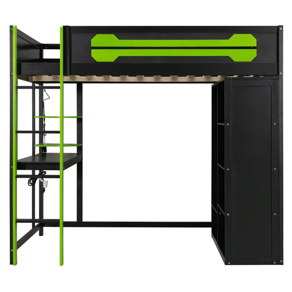 English Elm Full Size Gaming Loft Bed with Rgb Lighting Integrated Desk and Open Wardrobe Green N820S00073F