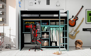 English Elm Full Size Loft Bed with Rgb Lighting Desk Open Wardrobe and Storage for Gaming Rooms Blue LT000277AAC