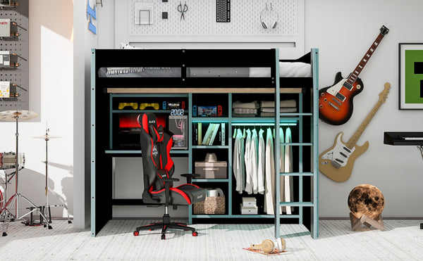 English Elm Full Size Loft Bed with Rgb Lighting Desk Open Wardrobe and Storage for Gaming Rooms Blue LT000277AAC