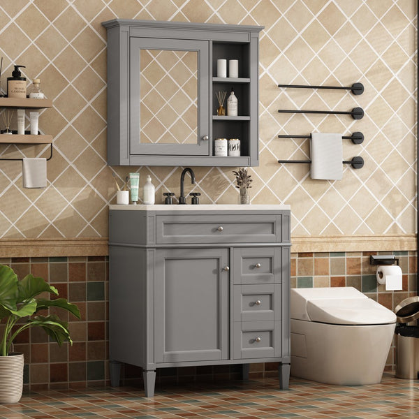 English Elm 30'' Modern Bathroom Vanity Set With Mirror, Stylish Freestanding Cabinet, Ample Storage & Sink SW000127AAE-1