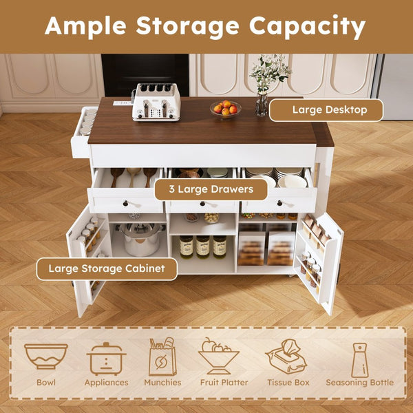 English Elm 74.8" Rolling Kitchen Island Extendable Marble Veneer Top with Power Outlet and Storage W2700S00105