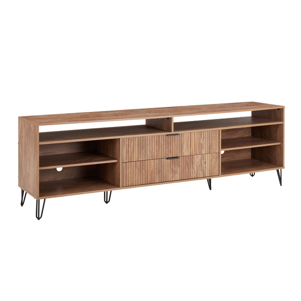English Elm Dumbo 85" Fluted TV Stand with Gold Legs, 2 Drawers & 6 Shelves, Wire Management, Easy Snap Assembly Brown B365P397924