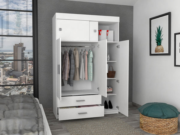 English Elm Tucson White Armoire with Hanging Rod & 2 Large Bottom Drawers, Compact 3-Door Wardrobe Design B128S00095