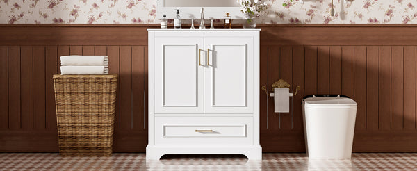 English Elm 30" Modern Bathroom Vanity with Ceramic Sink, Soft-Close Doors, Divided Drawer & Dual Door Shelves White N729P321376K