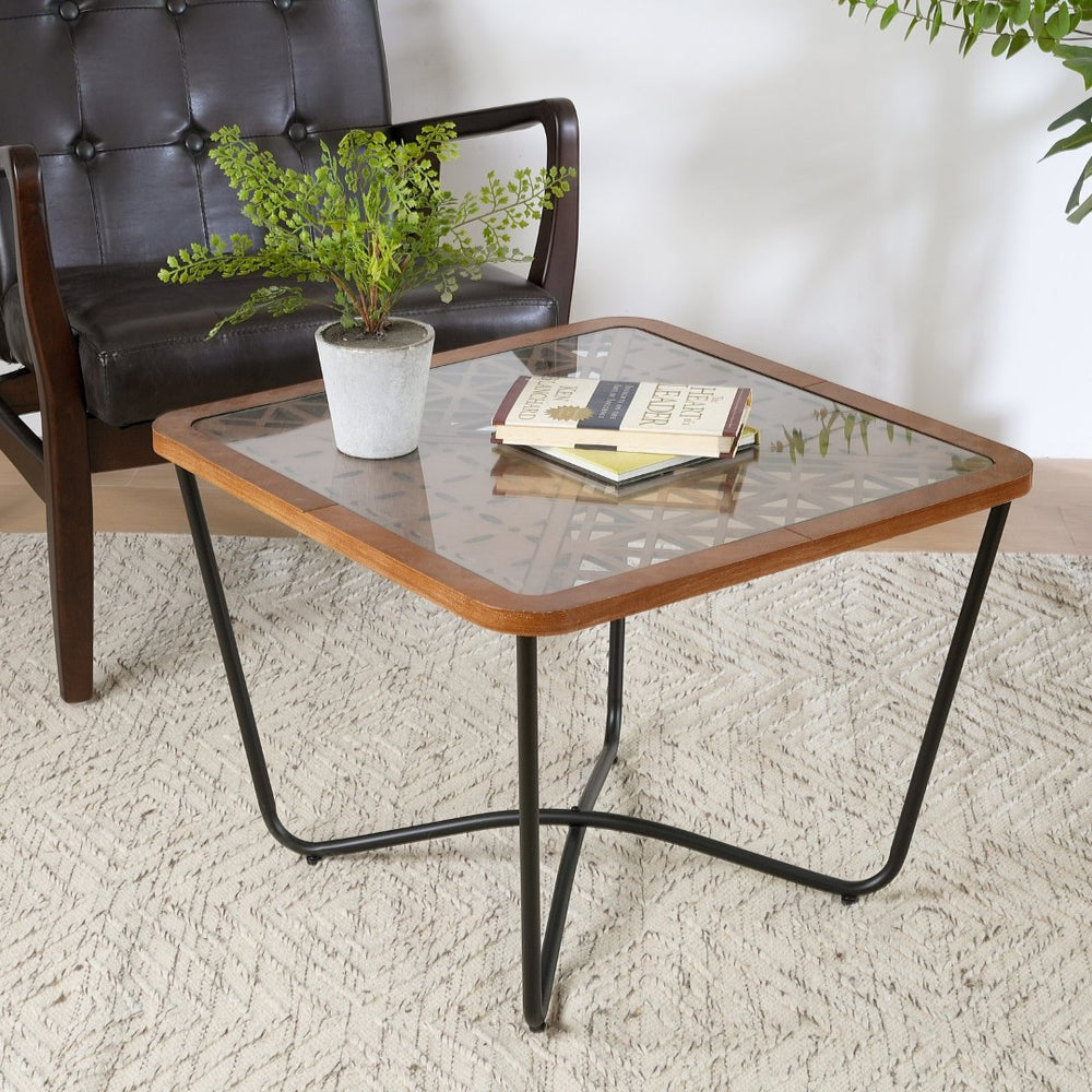 English Elm Modern Square Glass Top Coffee Table with Geometric Pattern and Black Metal Frame N770P197539B