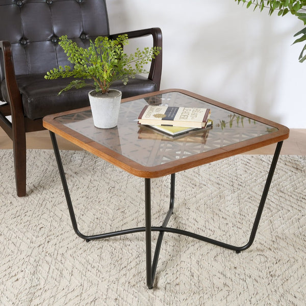 English Elm Modern Square Glass Top Coffee Table with Geometric Pattern and Black Metal Frame N770P197539B