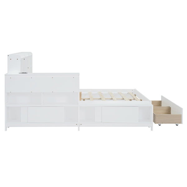English Elm Full Size Wooden Platform Bed With Desk, Storage Drawers, Usb Ports, Nightstand & Modern Design N820S00029K