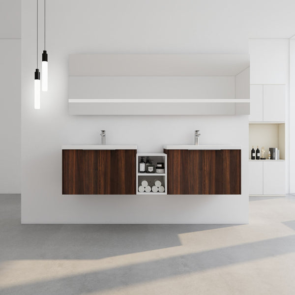 English Elm 72 Inch Wall Mounted Vanity with Resin Sink, Soft-Close Doors, Ample Storage Shelves, Durable Eco Plywood Finish California Walnut W999S00189