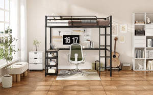 English Elm Full Full Size Loft Bed with Desk & Shelves, Heavy-Duty Metal Frame, Vintage Wood L-Desk, Black W2904S00001