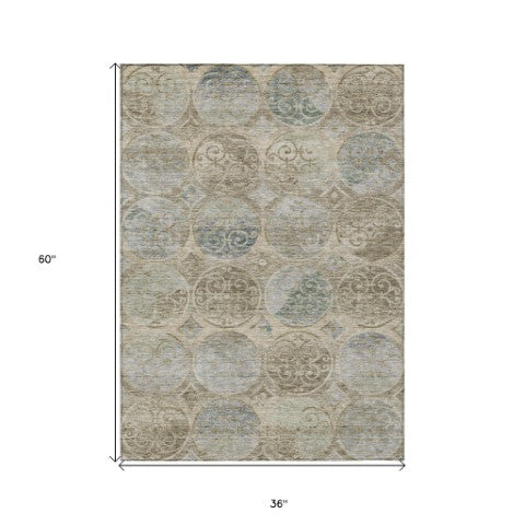 Homeroots 3' Beige Taupe And Blue Trellis Washable Indoor Outdoor Area Rug For Stylish Spaces And Durability 3' X 5' Polyester 584020