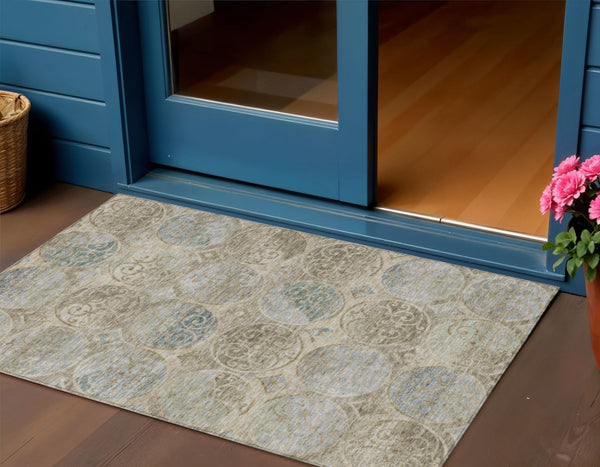 Homeroots 3' Beige Taupe And Blue Trellis Washable Indoor Outdoor Area Rug For Stylish Spaces And Durability 3' X 5' Polyester 584020