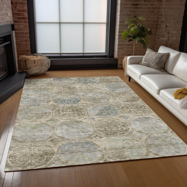 Homeroots 3' Beige Taupe And Blue Trellis Washable Indoor Outdoor Area Rug For Stylish Spaces And Durability 3' X 5' Polyester 584020