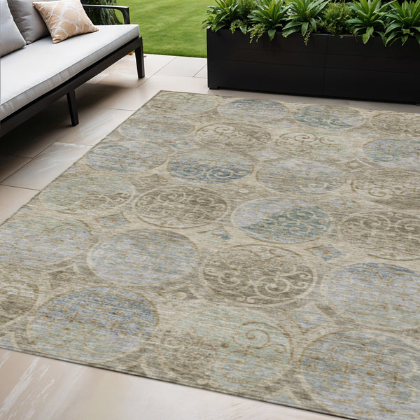 Homeroots 3' Beige Taupe And Blue Trellis Washable Indoor Outdoor Area Rug For Stylish Spaces And Durability 5' X 8' Polyester 584021