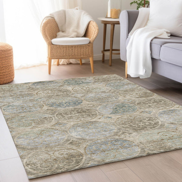 Homeroots 3' Beige Taupe And Blue Trellis Washable Indoor Outdoor Area Rug For Stylish Spaces And Durability 5' X 8' Polyester 584021