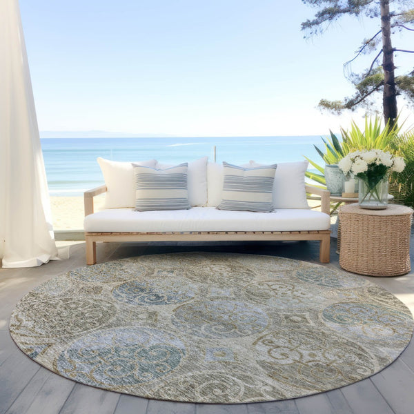 Homeroots 3' Beige Taupe And Blue Trellis Washable Indoor Outdoor Area Rug For Stylish Spaces And Durability 8' Round Polyester 584022