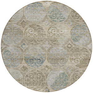 Homeroots 3' Beige Taupe And Blue Trellis Washable Indoor Outdoor Area Rug For Stylish Spaces And Durability 8' Round Polyester 584022