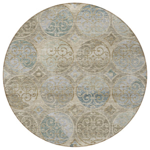 Homeroots 3' Beige Taupe And Blue Trellis Washable Indoor Outdoor Area Rug For Stylish Spaces And Durability 8' Round Polyester 584022