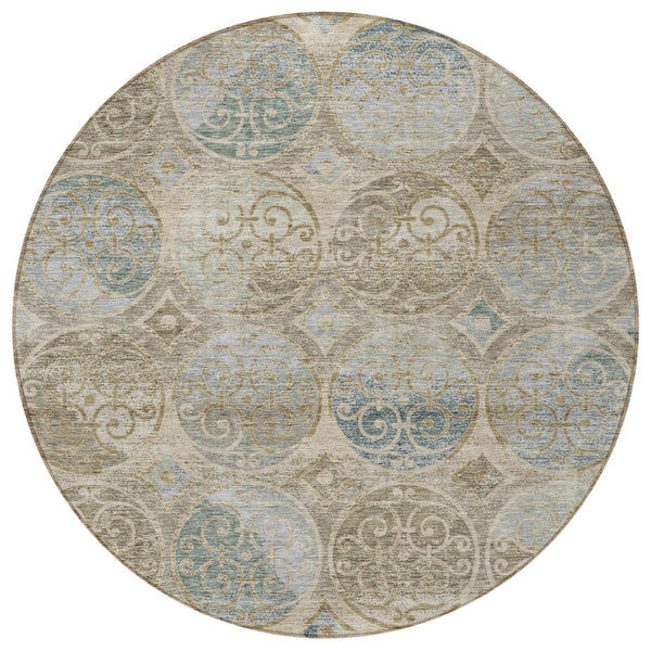Homeroots 3' Beige Taupe And Blue Trellis Washable Indoor Outdoor Area Rug For Stylish Spaces And Durability 8' Round Polyester 584022
