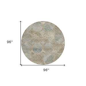 Homeroots 3' Beige Taupe And Blue Trellis Washable Indoor Outdoor Area Rug For Stylish Spaces And Durability 8' Round Polyester 584022