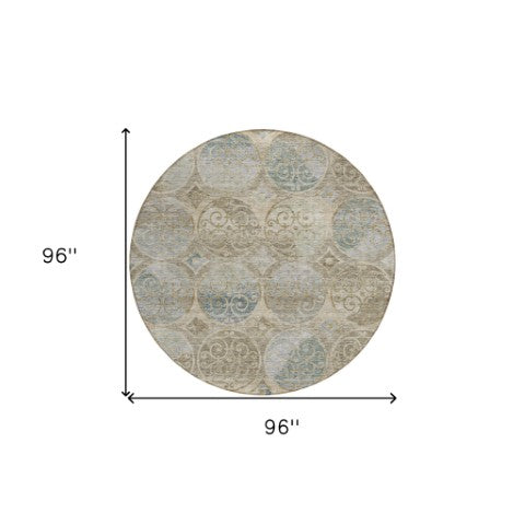 Homeroots 3' Beige Taupe And Blue Trellis Washable Indoor Outdoor Area Rug For Stylish Spaces And Durability 8' Round Polyester 584022