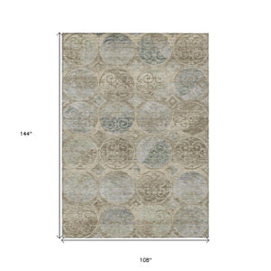 Homeroots 3' Beige Taupe And Blue Trellis Washable Indoor Outdoor Area Rug For Stylish Spaces And Durability 9' X 12' Polyester 584024