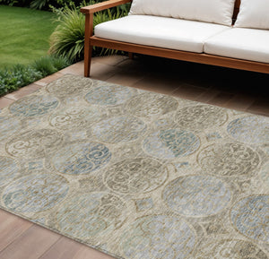 Homeroots 3' Beige Taupe And Blue Trellis Washable Indoor Outdoor Area Rug For Stylish Spaces And Durability 9' X 12' Polyester 584024