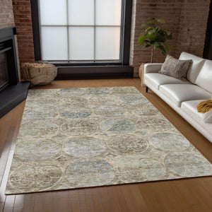 Homeroots 3' Beige Taupe And Blue Trellis Washable Indoor Outdoor Area Rug For Stylish Spaces And Durability 9' X 12' Polyester 584024