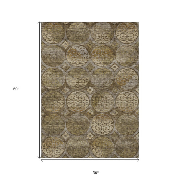 Homeroots 3' Beige Taupe And Blue Trellis Washable Indoor Outdoor Area Rug For Stylish Spaces And Durability 3' X 5' Polyester 584026