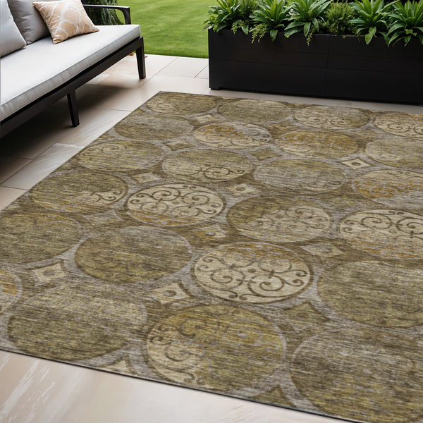 Homeroots 3' Beige Taupe And Blue Trellis Washable Indoor Outdoor Area Rug For Stylish Spaces And Durability 5' X 8' Polyester 584027