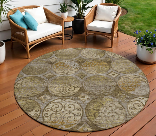 Homeroots 3' Beige Taupe And Blue Trellis Washable Indoor Outdoor Area Rug For Stylish Spaces And Durability 8' Round Polyester 584028