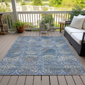 Homeroots 3' Beige Taupe And Blue Trellis Washable Indoor Outdoor Area Rug For Stylish Spaces And Durability 3' X 5' Polyester 584032