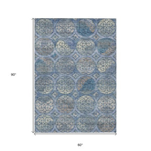 Homeroots 3' Beige Taupe And Blue Trellis Washable Indoor Outdoor Area Rug For Stylish Spaces And Durability 5' X 8' Polyester 584033