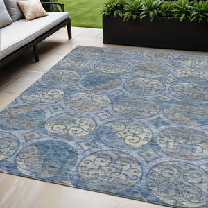 Homeroots 3' Beige Taupe And Blue Trellis Washable Indoor Outdoor Area Rug For Stylish Spaces And Durability 5' X 8' Polyester 584033