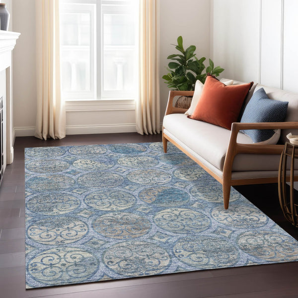 Homeroots 3' Beige Taupe And Blue Trellis Washable Indoor Outdoor Area Rug For Stylish Spaces And Durability 5' X 8' Polyester 584033