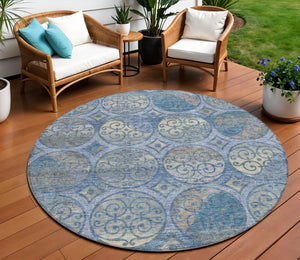 Homeroots 3' Beige Taupe And Blue Trellis Washable Indoor Outdoor Area Rug For Stylish Spaces And Durability 8' Round Polyester 584034