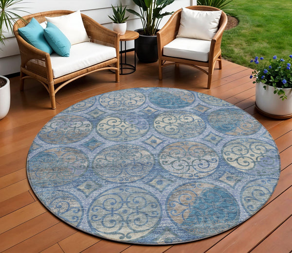 Homeroots 3' Beige Taupe And Blue Trellis Washable Indoor Outdoor Area Rug For Stylish Spaces And Durability 8' Round Polyester 584034
