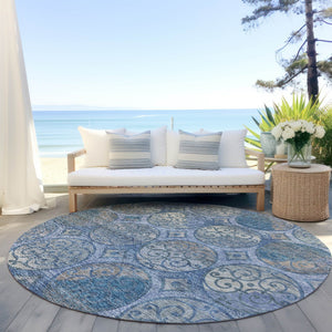 Homeroots 3' Beige Taupe And Blue Trellis Washable Indoor Outdoor Area Rug For Stylish Spaces And Durability 8' Round Polyester 584034