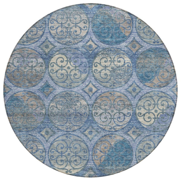 HomeRoots 5' Navy Blue and Sky Blue Trellis Indoor-Outdoor Area Rug - Durable, Washable, Stylish & Versatile 8' Round 584034
