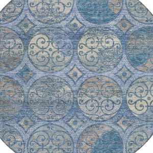 Homeroots 3' Beige Taupe And Blue Trellis Washable Indoor Outdoor Area Rug For Stylish Spaces And Durability 8' Round Polyester 584034