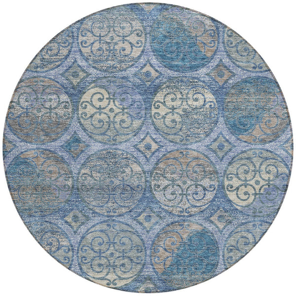 Homeroots 3' Beige Taupe And Blue Trellis Washable Indoor Outdoor Area Rug For Stylish Spaces And Durability 8' Round Polyester 584034