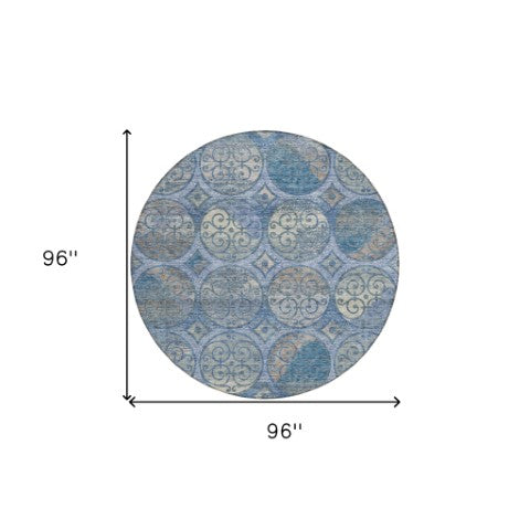 Homeroots 3' Beige Taupe And Blue Trellis Washable Indoor Outdoor Area Rug For Stylish Spaces And Durability 8' Round Polyester 584034