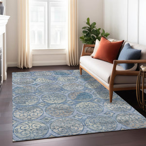Homeroots 3' Beige Taupe And Blue Trellis Washable Indoor Outdoor Area Rug For Stylish Spaces And Durability 8' X 10' Polyester 584035