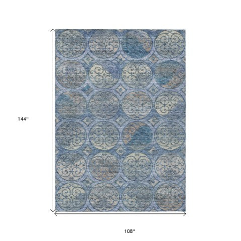 Homeroots 3' Beige Taupe And Blue Trellis Washable Indoor Outdoor Area Rug For Stylish Spaces And Durability 9' X 12' Polyester 584036