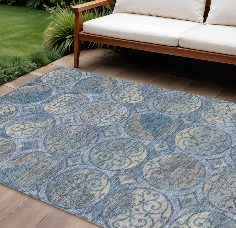 HomeRoots 5' Navy Blue and Sky Blue Trellis Indoor-Outdoor Area Rug - Durable, Washable, Stylish & Versatile 10' X 14' 584037