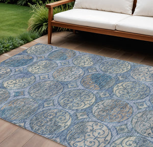 Homeroots 3' Beige Taupe And Blue Trellis Washable Indoor Outdoor Area Rug For Stylish Spaces And Durability 10' X 14' Polyester 584037