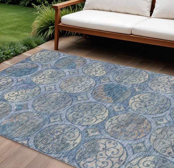 Homeroots 3' Beige Taupe And Blue Trellis Washable Indoor Outdoor Area Rug For Stylish Spaces And Durability 10' X 14' Polyester 584037