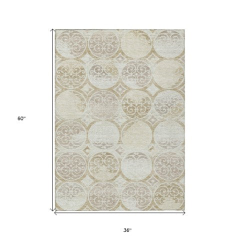 Homeroots 3' Beige Taupe And Blue Trellis Washable Indoor Outdoor Area Rug For Stylish Spaces And Durability 3' X 5' Polyester 584038