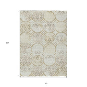 Homeroots 3' Beige Taupe And Blue Trellis Washable Indoor Outdoor Area Rug For Stylish Spaces And Durability 5' X 8' Polyester 584039
