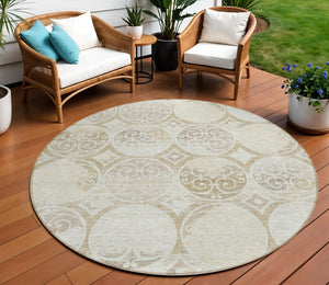 Homeroots 3' Beige Taupe And Blue Trellis Washable Indoor Outdoor Area Rug For Stylish Spaces And Durability 8' Round Polyester 584040