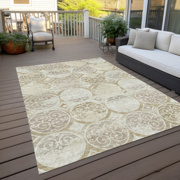 Homeroots 3' Beige Taupe And Blue Trellis Washable Indoor Outdoor Area Rug For Stylish Spaces And Durability 9' X 12' Polyester 584042